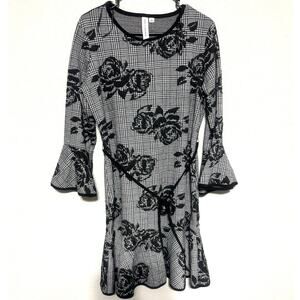 Emma Michele Houndstooth Floral Rose Overlay Dress 14 Black Gray Bell Fit Flare